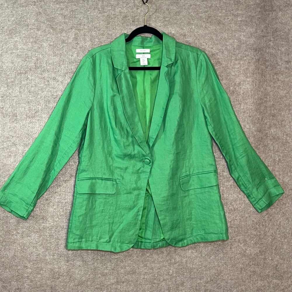 H Halston Blazer Women Medium Green 100% Linen Single Button Lightweight Career